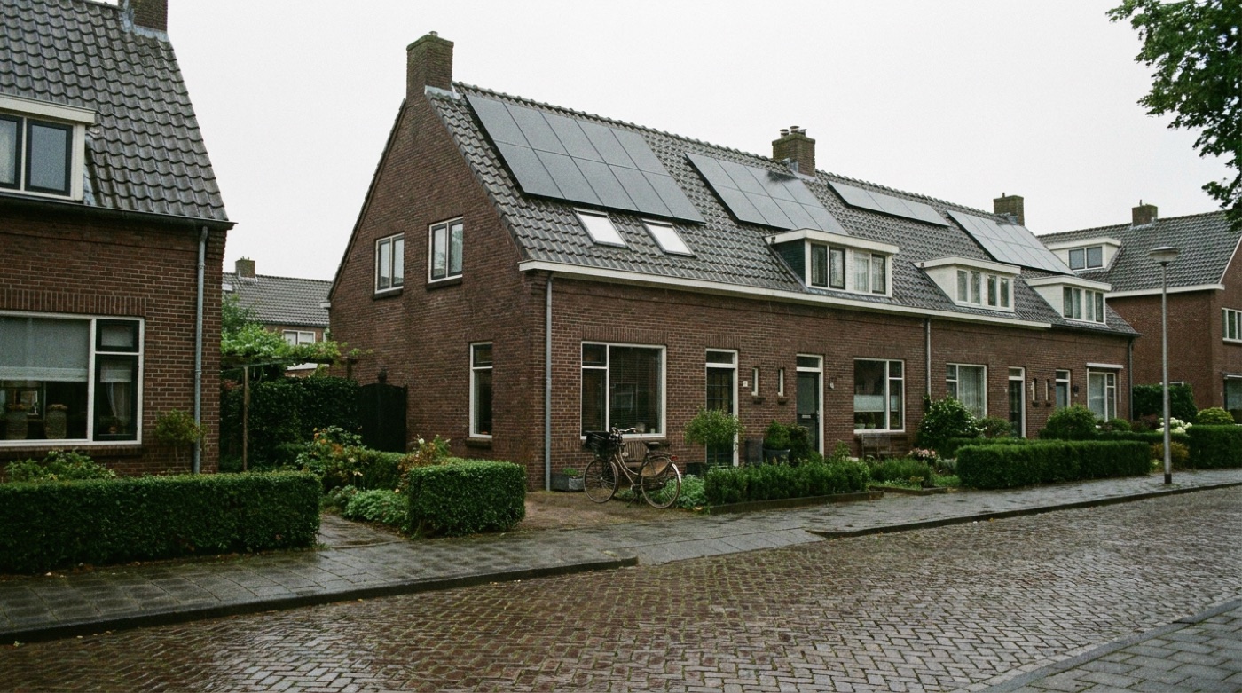 Nederlandse rijtjeswoningen met zonnepanelen op het dak, in een straat met klinkers