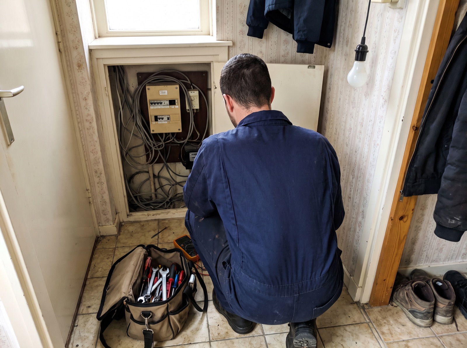 Een installateur zit gehurkt bij een open meterkast in een gang, met zijn gereedschapstas op de vloer